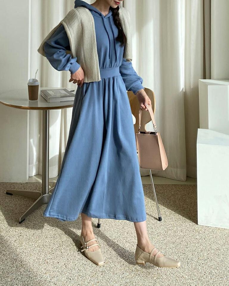 フレアフードワンピース・全3色・b62712 レディース 【ops】【韓国 ファッション ワンピース ロング ロングワンピース カジュアル フード スウェット フレア フェミニン カジュアル ベーシック 体型カバー 秋 冬】