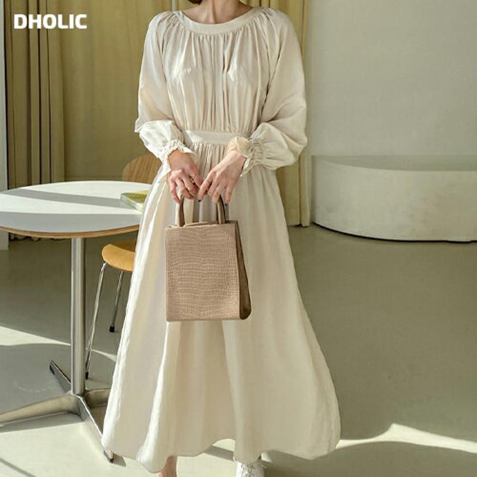 ギャザーロングワンピース・全3色・t62710 レディース 【ops】【韓国 ファッション ワンピース ロング ロングワンピース ラウンドネック フレア カジュアル ギャザー ウエストゴム ラグランスリーブ ベーシック 体型カバー 秋 冬】