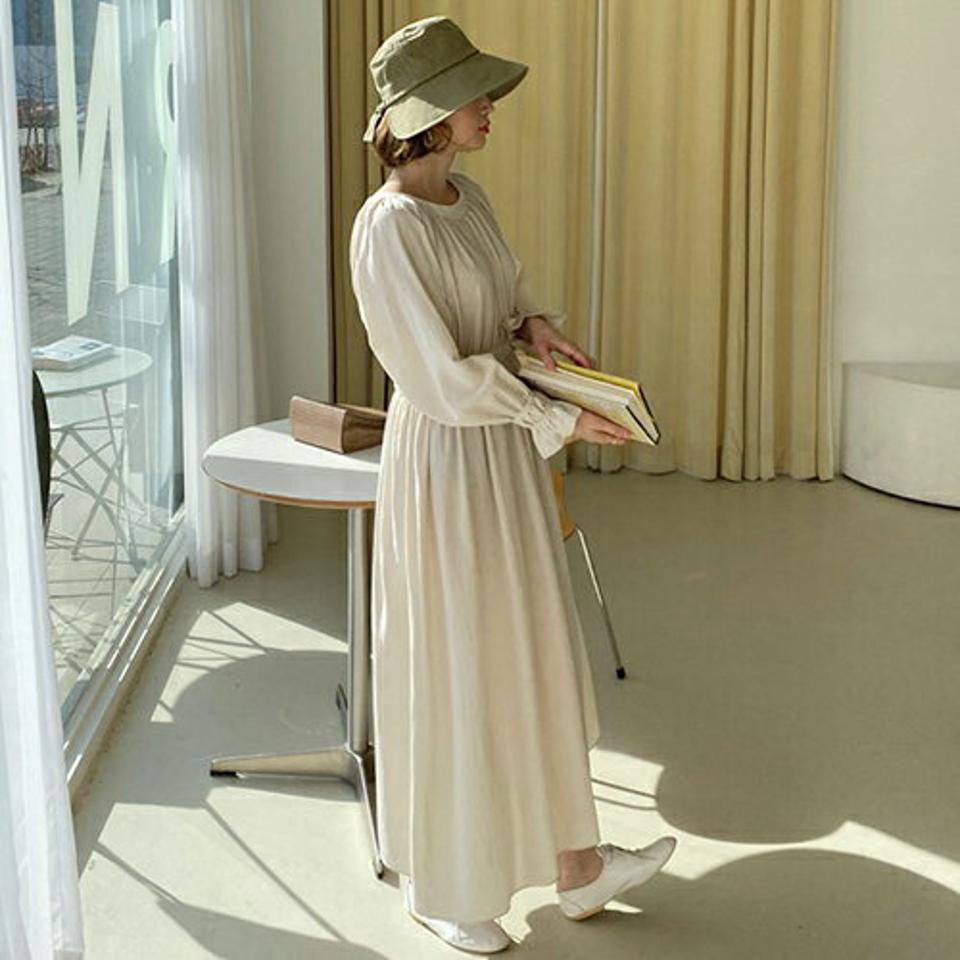 ギャザーロングワンピース・全3色・t62710 レディース 【ops】【韓国 ファッション ワンピース ロング ロングワンピース ラウンドネック フレア カジュアル ギャザー ウエストゴム ラグランスリーブ ベーシック 体型カバー 秋 冬】