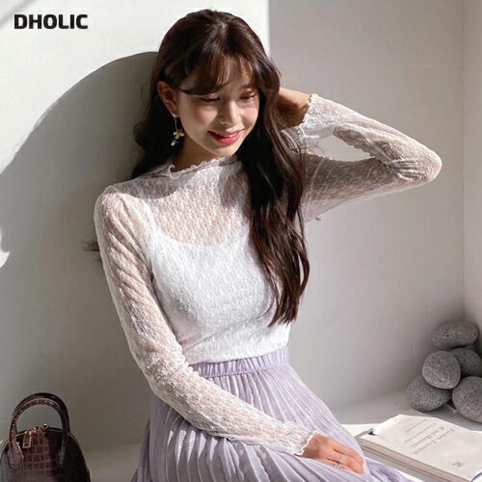 シアーレースブラウス・全3色・t62688 レディース 【bl】【韓国 ファッション トップス ブラウス 長袖 ハイネック パターン シアー レース スリム レイヤード シースルー 春 フェミニン カジュアル デイリー 無地 ベーシック 秋 冬】