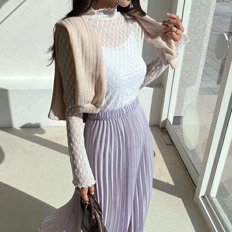 シアーレースブラウス・全3色・t62688 レディース 【bl】【韓国 ファッション トップス ブラウス 長袖 ハイネック パターン シアー レース スリム レイヤード シースルー 春 フェミニン カジュアル デイリー 無地 ベーシック 秋 冬】