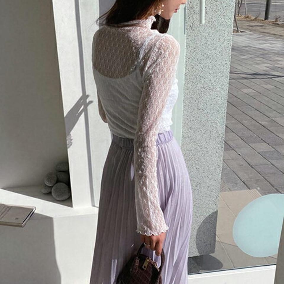 シアーレースブラウス・全3色・t62688 レディース 【bl】【韓国 ファッション トップス ブラウス 長袖 ハイネック パターン シアー レース スリム レイヤード シースルー 春 フェミニン カジュアル デイリー 無地 ベーシック 秋 冬】