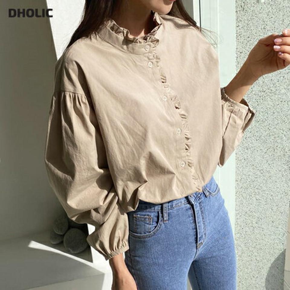 フリルボタンブラウス・全2色・t62697 レディース 【bl】【韓国 ファッション トップス ブラウス 長袖 フリルネック フリル ギャザー 体型カバー 上品 春 フェミニン カジュアル デイリー 秋 冬】