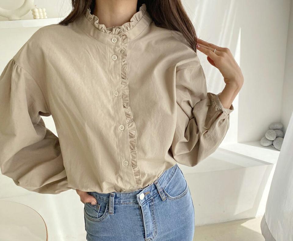 フリルボタンブラウス・全2色・t62697 レディース 【bl】【韓国 ファッション トップス ブラウス 長袖 フリルネック フリル ギャザー 体型カバー 上品 春 フェミニン カジュアル デイリー 秋 冬】