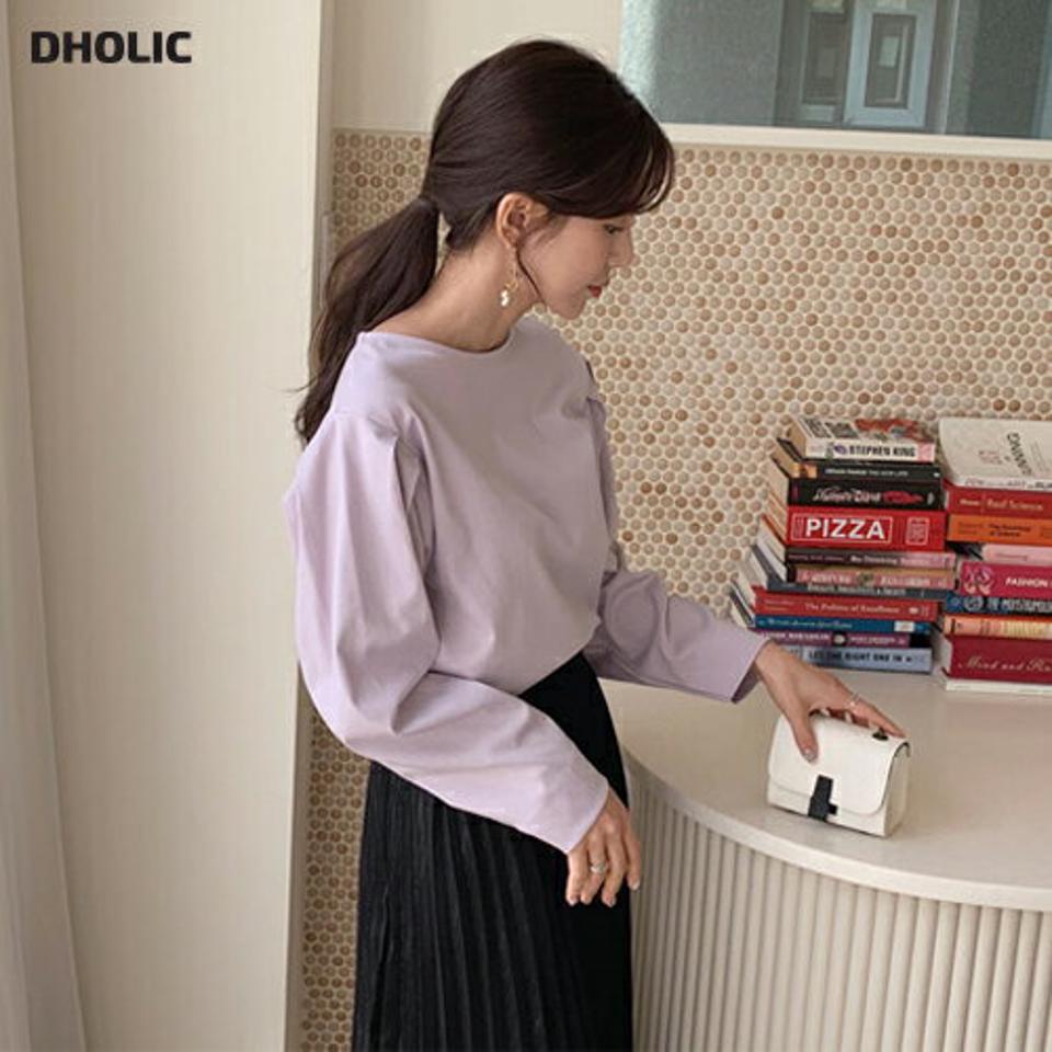 パフスリーブTシャツ・全3色・b62705 レディース 【tops】【韓国 ファッション トップス Tシャツ 長袖 ラウンドネック タック パフスリーブ カジュアル 上品 体型カーバー デイリー ベーシック 春 春Tシャツ 秋 冬】【BT】