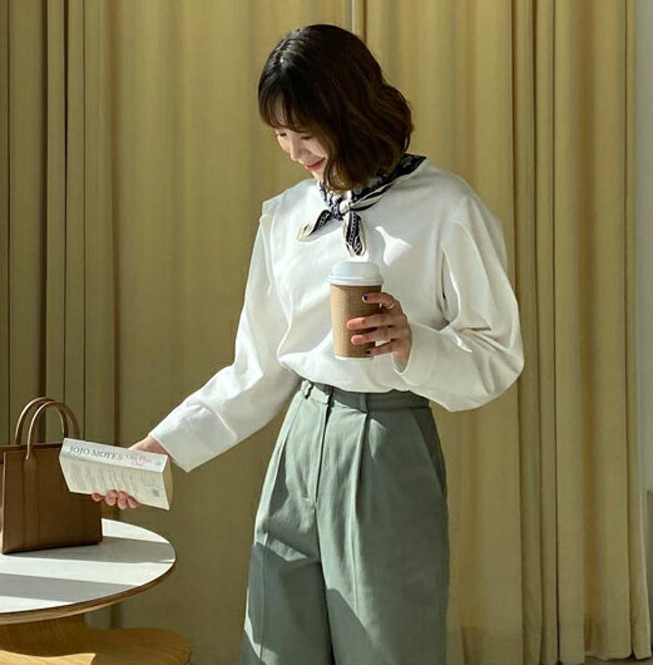 パフスリーブTシャツ・全3色・b62705 レディース 【tops】【韓国 ファッション トップス Tシャツ 長袖 ラウンドネック タック パフスリーブ カジュアル 上品 体型カーバー デイリー ベーシック 春 春Tシャツ 秋 冬】【BT】