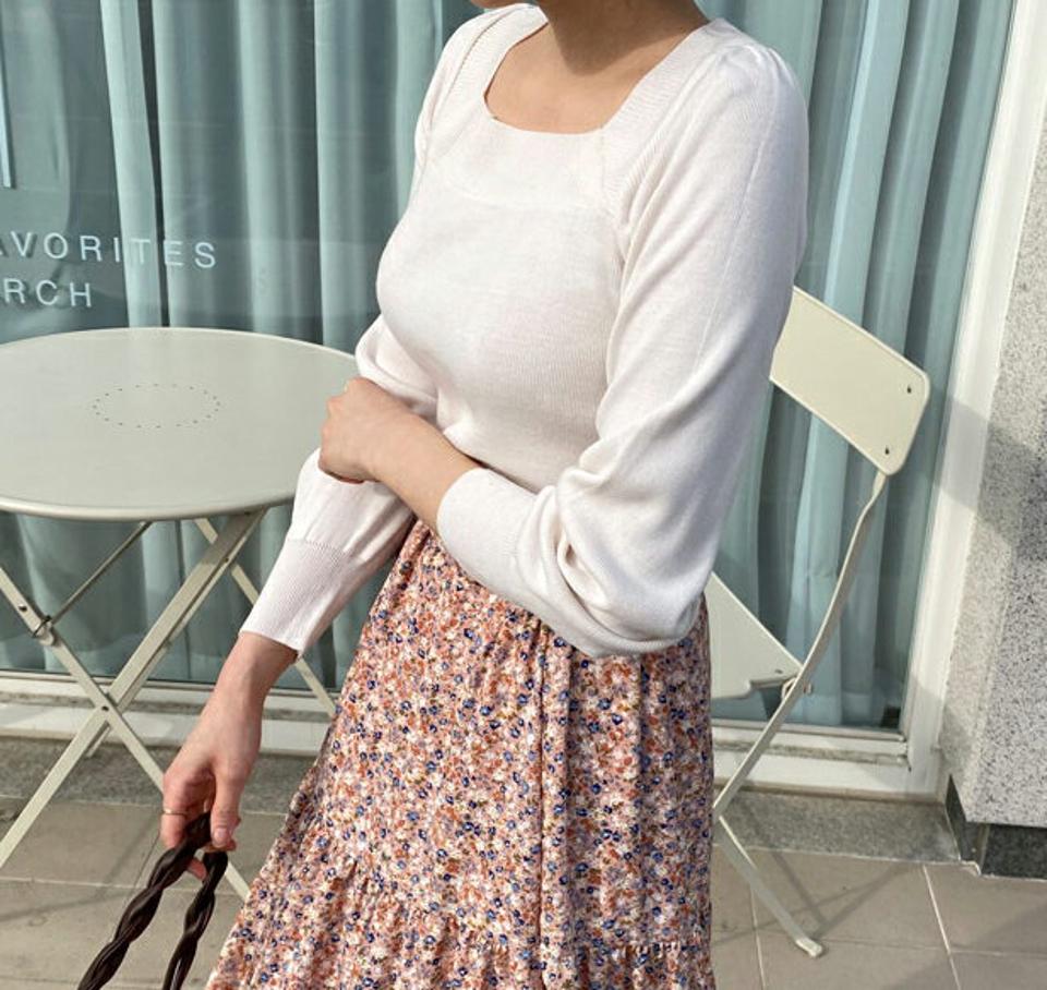 リブスクエアネックニット・全5色・t62709 レディース 【tops】【韓国 ファッション トップス ニット 長袖 デコルテ スクエアネック ソフト ギャザー ボリューム リブ デイリー スリム フィット フェミニン ベーシック 無地 秋 冬】