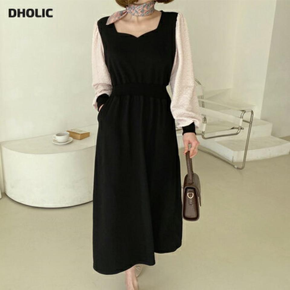 【只今10%OFF】テクスチャースリーブワンピース・全2色・b62711 レディース 【ops】【韓国 ファッション ワンピース ロング ロングワンピース スクエア Vネック フレア 異素材 クスチャー スリーブ リブ デコルテ フェミニン カジュアル ベーシック 体型カバー 秋 冬】