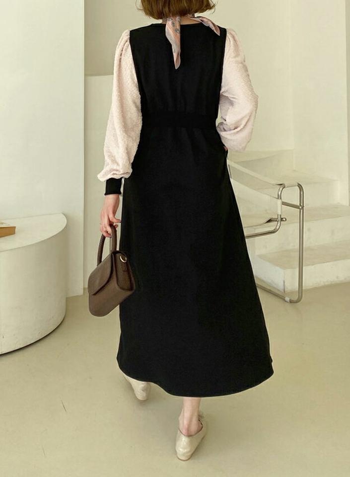 【只今10%OFF】テクスチャースリーブワンピース・全2色・b62711 レディース 【ops】【韓国 ファッション ワンピース ロング ロングワンピース スクエア Vネック フレア 異素材 クスチャー スリーブ リブ デコルテ フェミニン カジュアル ベーシック 体型カバー 秋 冬】