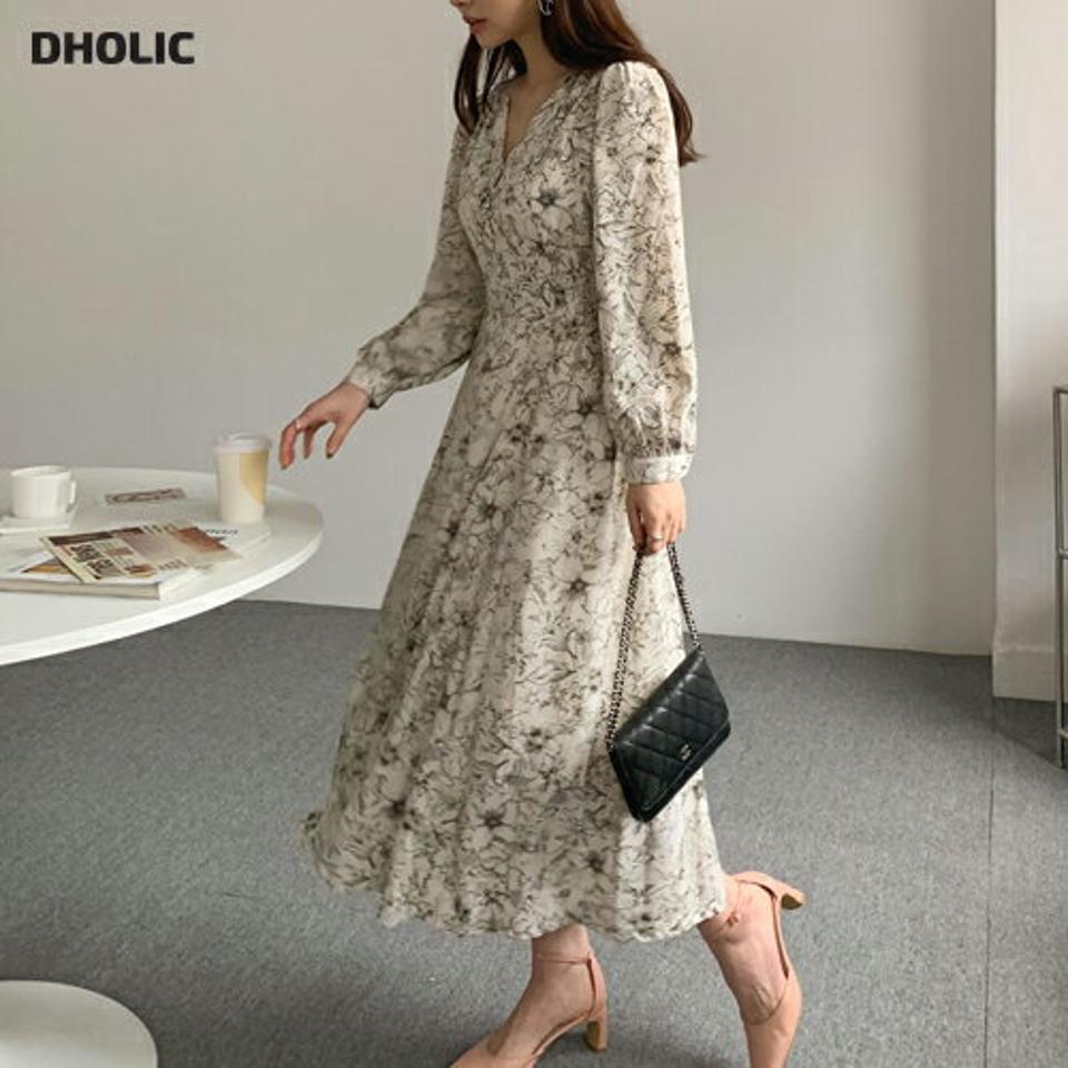 【送料無料】Vネック花柄ワンピース・全2色・66785 レディース 【ops】【ワンピース ロング ロングワンピース 長袖 花柄 フラワー 長袖 Vネック 可愛い かわいい フェミニン 大人 きれいめ 秋 冬 春 韓国 ファッション】【ハイホリHIHOLLI】