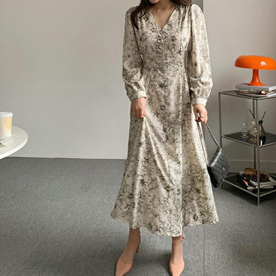 【送料無料】Vネック花柄ワンピース・全2色・66785 レディース 【ops】【ワンピース ロング ロングワンピース 長袖 花柄 フラワー 長袖 Vネック 可愛い かわいい フェミニン 大人 きれいめ 秋 冬 春 韓国 ファッション】【ハイホリHIHOLLI】