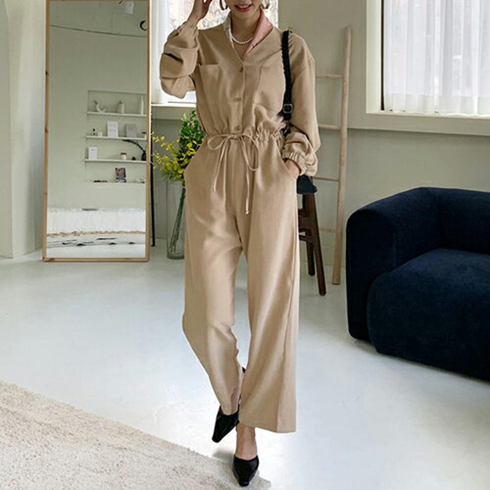 【送料無料】Vネックドロストオールインワン・全2色・66798 レディース 【pt】【オールインワン つなぎ 長袖 パンツ ズボン ドロスト Vネック 単色 無地 シンプル 大人 カジュアル ラフ 秋 冬 韓国 ファッション】【ハイホリHIHOLLI】