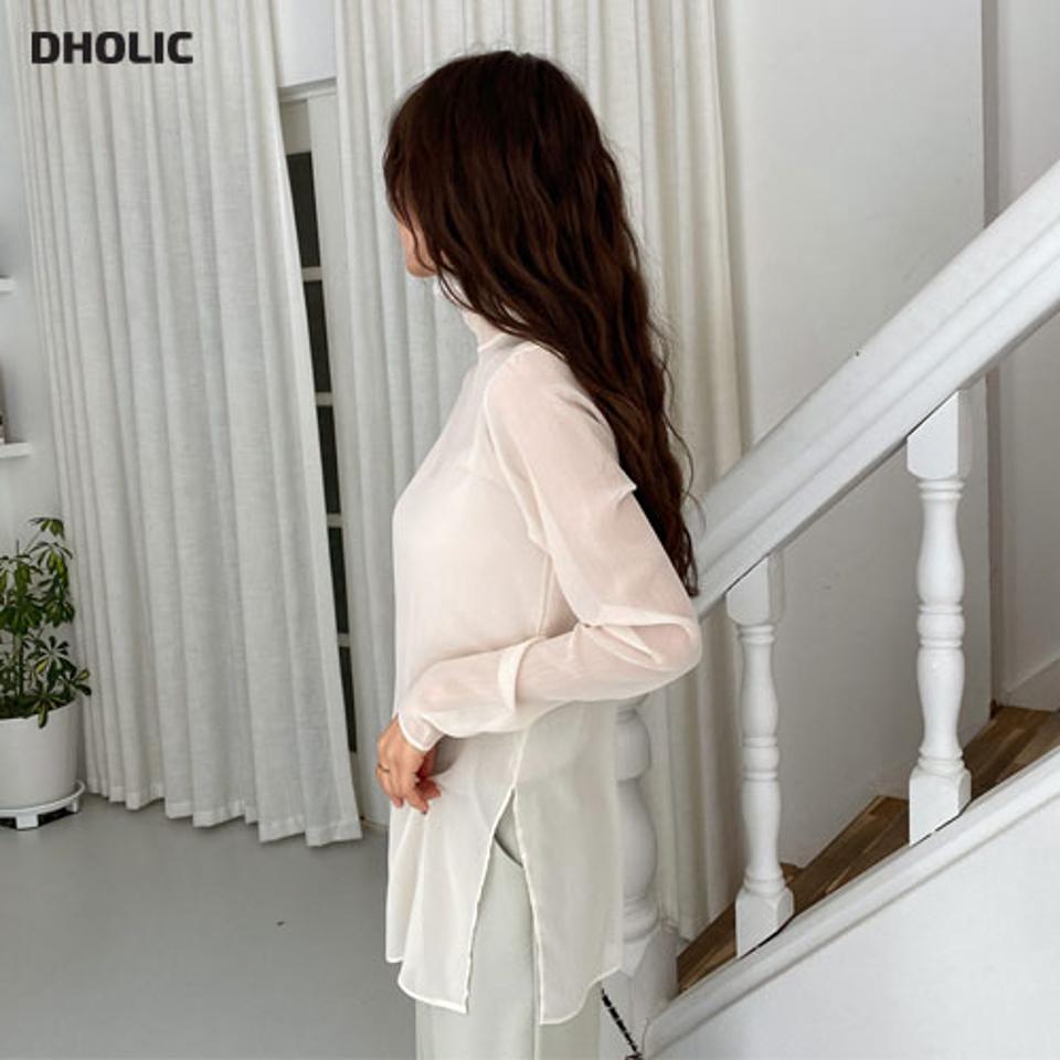 シアーハイネックブラウス・全3色・t64904 レディース 【bl】【韓国 ファッション トップス ブラウス 長袖 上品 ハイネック レイヤード シアー レース シースルー スリット フェミニン 春 カジュアル デイリー 無地 ベーシック 秋 冬】