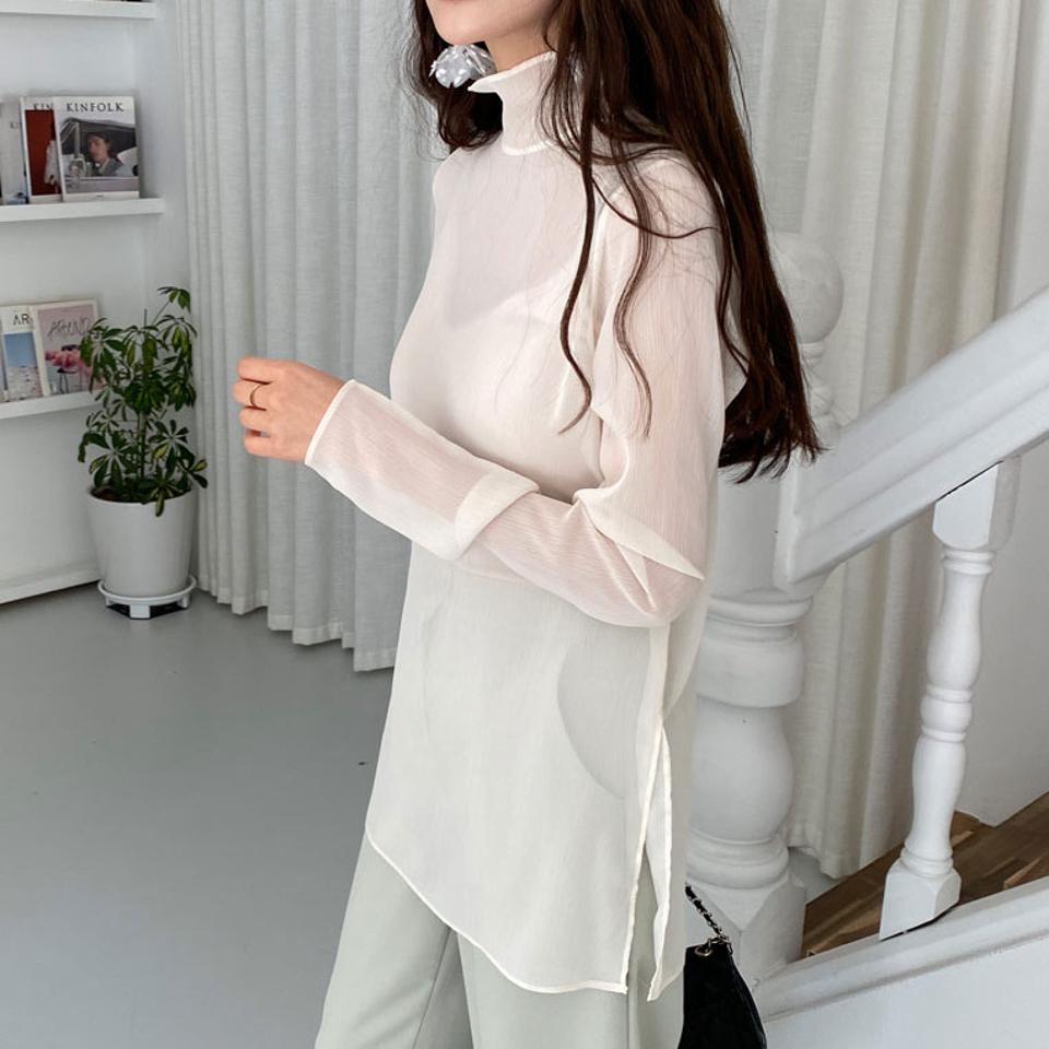 シアーハイネックブラウス・全3色・t64904 レディース 【bl】【韓国 ファッション トップス ブラウス 長袖 上品 ハイネック レイヤード シアー レース シースルー スリット フェミニン 春 カジュアル デイリー 無地 ベーシック 秋 冬】