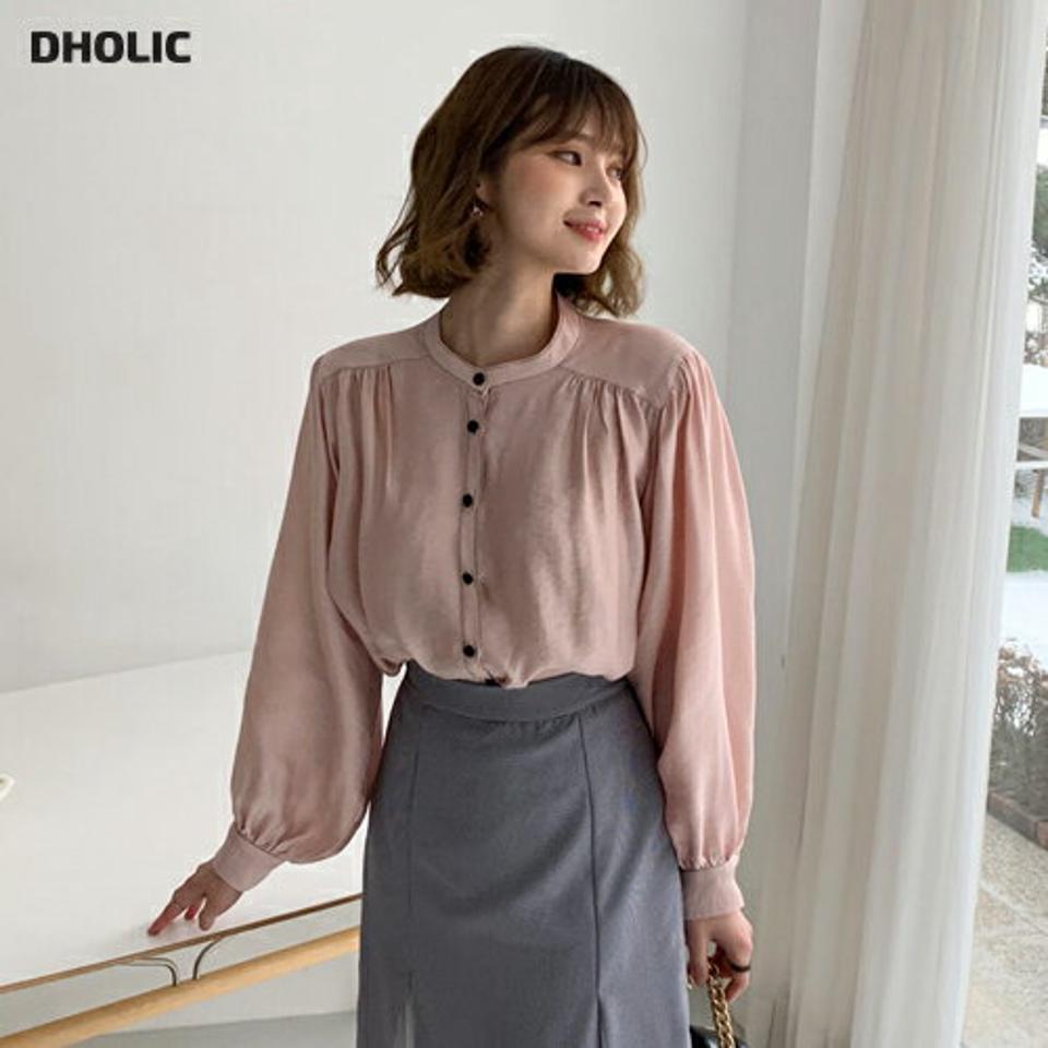 ステッチバンドカラーブラウス・全2色・t64922 レディース 【bl】【韓国 ファッション トップス ブラウス 長袖 上品 ギャザー フェミニン パフスリーブ ステッチ 春 カジュアル デイリー 無地 ベーシック 秋 冬】