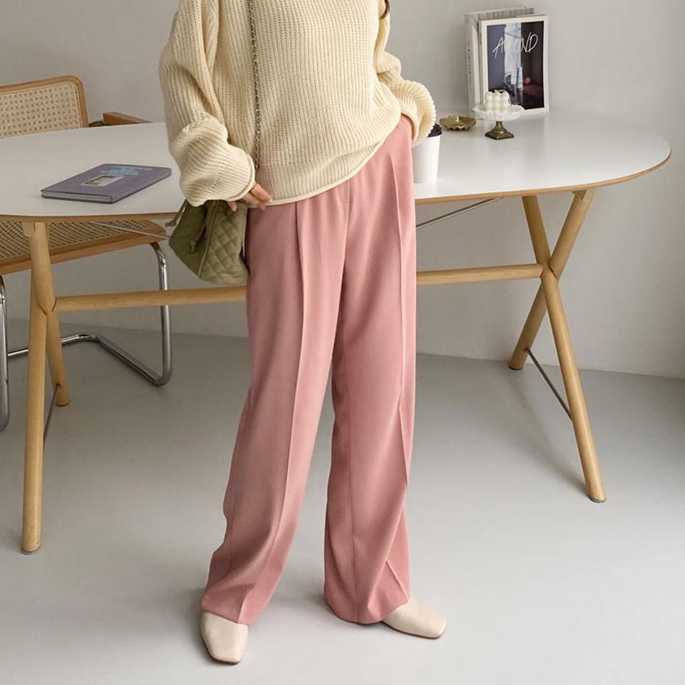 タックワイドスラックス・全6色・t64917 レディース 【pt】【韓国 ファッション ボトムス パンツ スラックス スリム ストレート サイドポケット バックゴム 美脚 ワイドスラックス オフィスカジュアル 無地 体型カーバー 秋 冬】