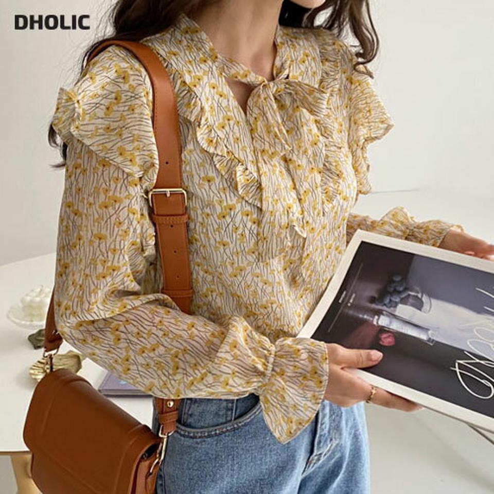 ネックリボン花柄ブラウス・全3色・t64921 レディース 【bl】【韓国 ファッション トップス ブラウス 長袖 上品 ネックリボン シフォン ウェーブ パターン 花柄 V字 フリル フェミニン 春 カジュアル デイリー ベーシック 秋 冬】