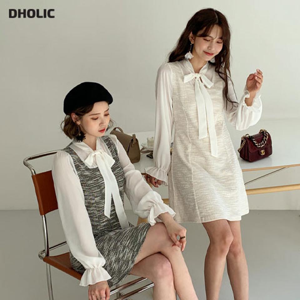 リボンツイード調ミニワンピース・全4色・t64930 レディース 【ops】【韓国 ファッション ワンピース ミニ ミニワンピース 異素材 ツイード調 シック ネックスリット リボン フェミニン 体型カバー 秋 冬】