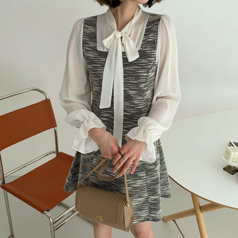 リボンツイード調ミニワンピース・全4色・t64930 レディース 【ops】【韓国 ファッション ワンピース ミニ ミニワンピース 異素材 ツイード調 シック ネックスリット リボン フェミニン 体型カバー 秋 冬】