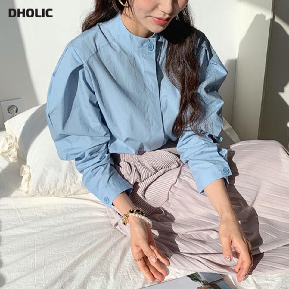 バンドカラーパフスリーブシャツ・全3色・b64925 レディース 【bl】【韓国 ファッション トップス ブラウス シャツ 長袖 シンプル バンドカラー パフスリーブ ウォッシング コットン ユニーク 体型カバー フェミニン カジュアル 無地 デイリー 秋 冬】