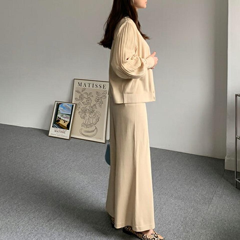 プリーツスリーブカーディガン&パンツSET・全4色・b66793 レディース 【pt】【セットアップ setup トップス カーディガン 長袖 プリーツ パンツ ズボン ロングパンツ 単色 シンプル 秋 冬 韓国 ファッション】【ハイホリHIHOLLI】