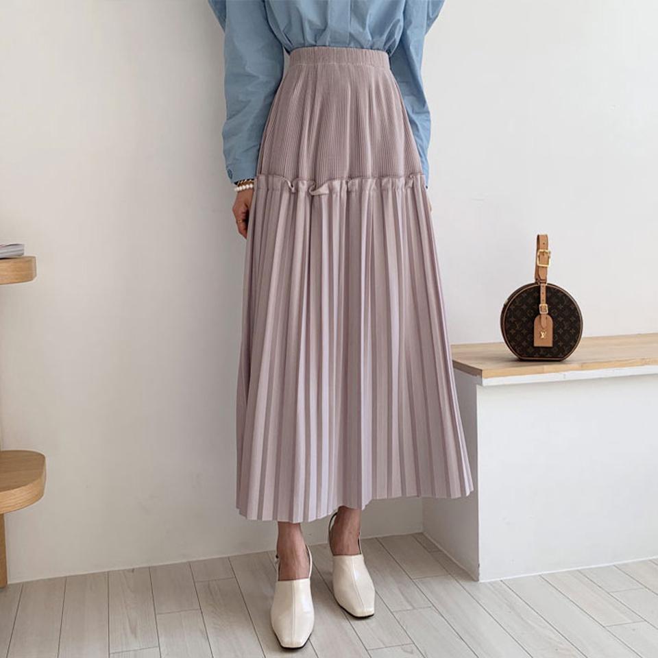 ダブルプリーツスカート・全3色・t64926 レディース 【sk】【韓国 ファッション ボトムス スカート ロング ロングスカート プリーツ 揺れ感 ウエストゴム フリル カジュアル 体型カバー シンプル フェミニン デイリー ベーシック 上品 秋 冬】