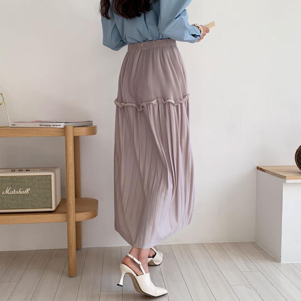 ダブルプリーツスカート・全3色・t64926 レディース 【sk】【韓国 ファッション ボトムス スカート ロング ロングスカート プリーツ 揺れ感 ウエストゴム フリル カジュアル 体型カバー シンプル フェミニン デイリー ベーシック 上品 秋 冬】