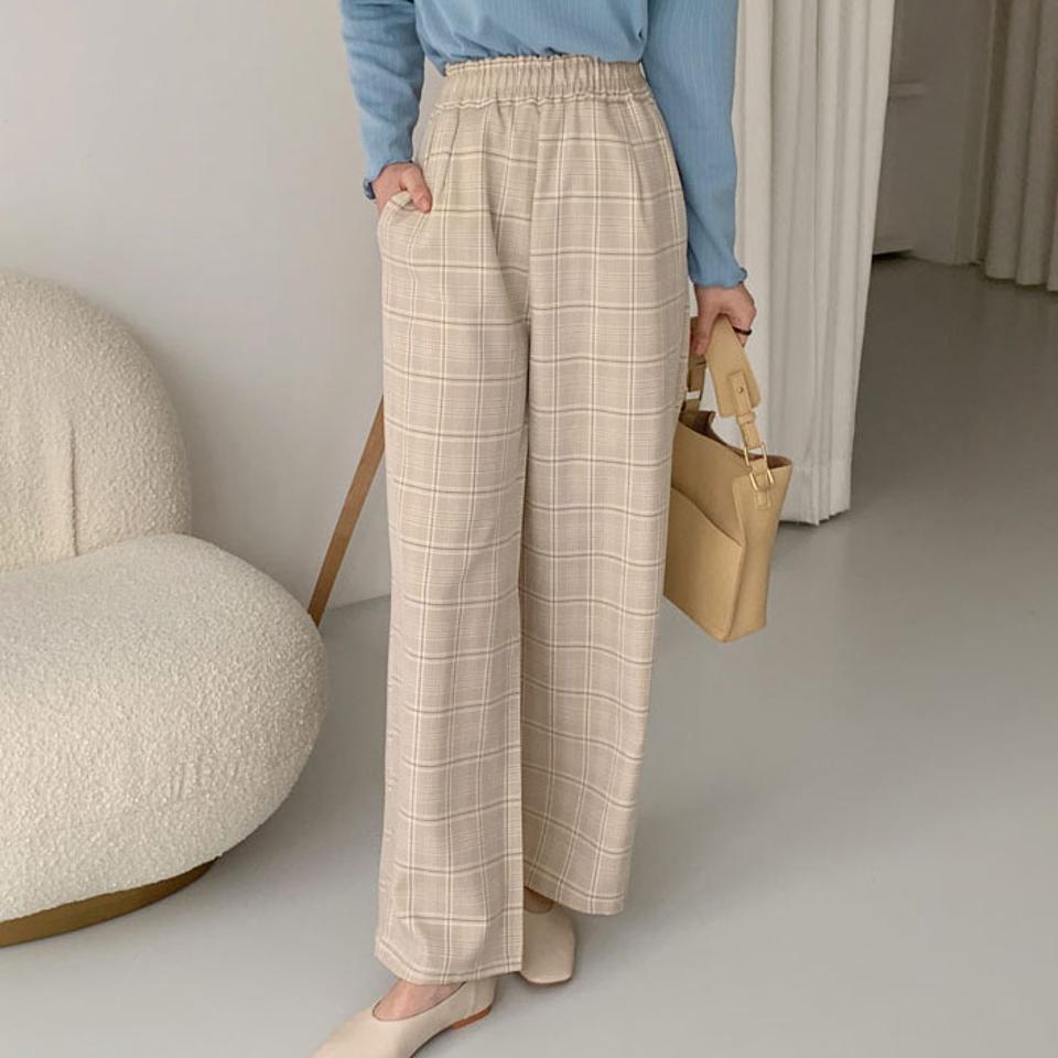 イージーチェックパンツ・全3色・t64914 レディース 【pt】【韓国 ファッション ボトムス パンツ スリム ストレート チェック ウエストゴム 美脚 ワイド ルーズ ゆったり パータン 体型カーバー 秋 冬】