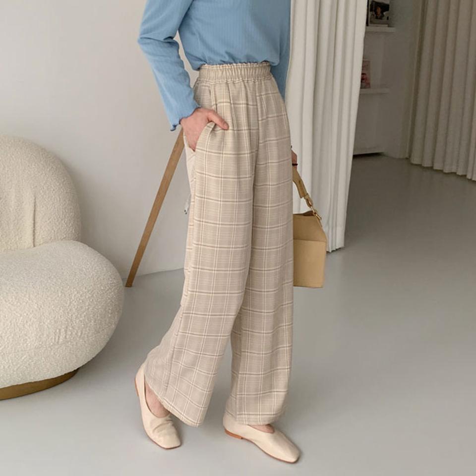 イージーチェックパンツ・全3色・t64914 レディース 【pt】【韓国 ファッション ボトムス パンツ スリム ストレート チェック ウエストゴム 美脚 ワイド ルーズ ゆったり パータン 体型カーバー 秋 冬】