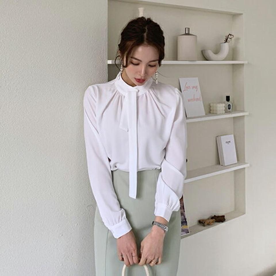 ネックリボンブラウス・全2色・t66780 レディース 【bl】【トップス ブラウス リボン りぼん 長袖 単色 無地 シンプル きれいめ オフィスカジュアル 秋 冬 韓国 ファッション】【ハイホリHIHOLLI】