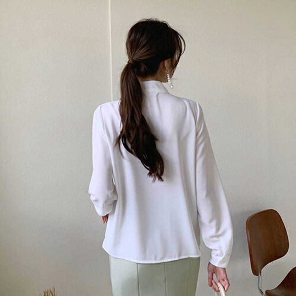 ネックリボンブラウス・全2色・t66780 レディース 【bl】【トップス ブラウス リボン りぼん 長袖 単色 無地 シンプル きれいめ オフィスカジュアル 秋 冬 韓国 ファッション】【ハイホリHIHOLLI】