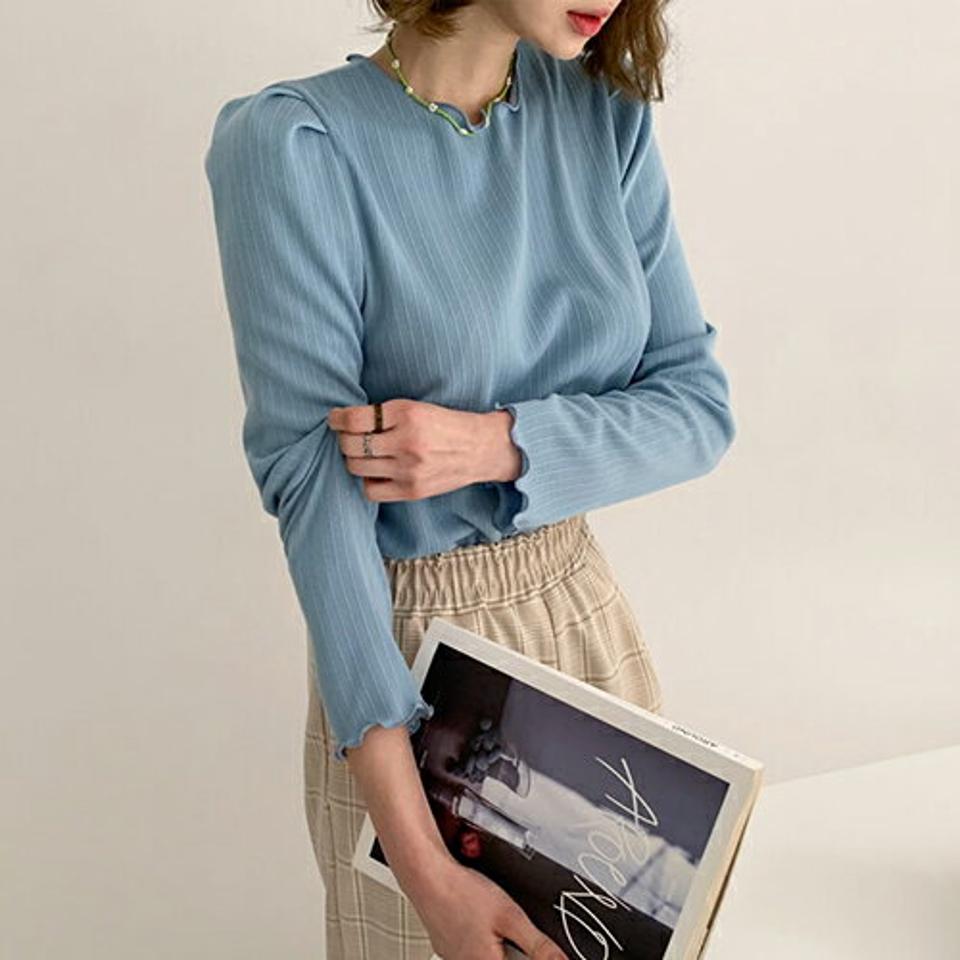 パフスリーブウェーブTシャツ・全4色・t64913 レディース 【tops】【韓国 ファッション トップス Tシャツ 長袖 ボリューム ナチュラル ウェーブ ラウンドネック リブ スリム フィット 上品 体型カーバー デイリー ベーシック 春 春Tシャツ 秋 冬】