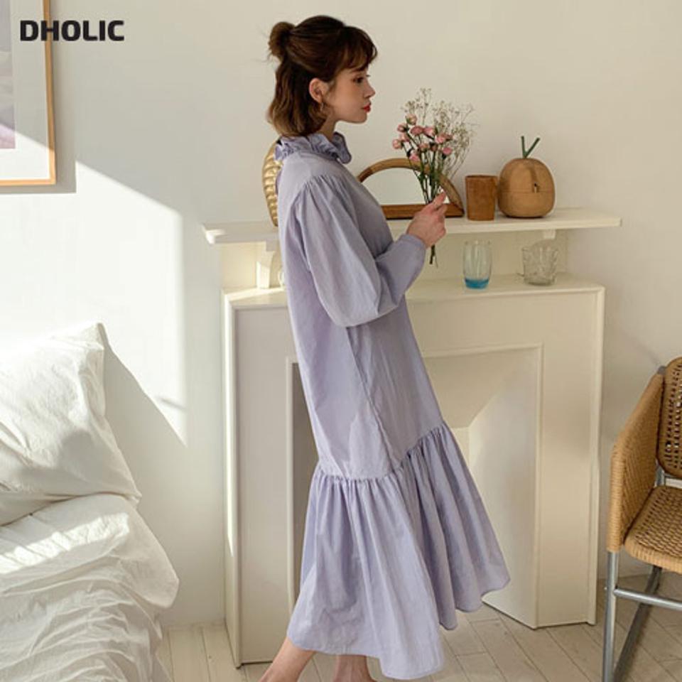 ネックフリルワンピース・全4色・b64935 レディース 【ops】【韓国 ファッション ワンピース ロング ロングワンピース ネックフリル ルーズ パールボタン ギャザー フェミニン 無地 上品 ゆったり 春 体型カバー 秋 冬】