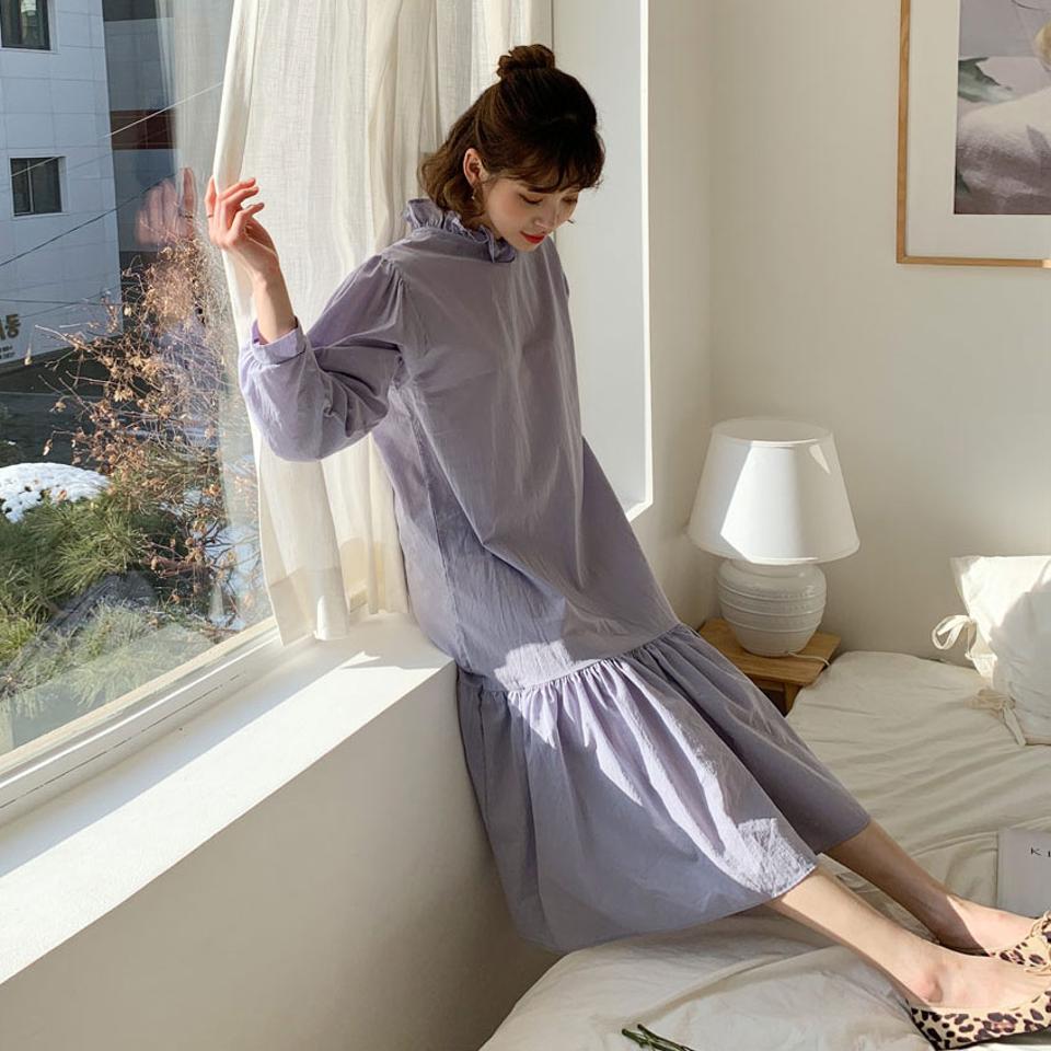 ネックフリルワンピース・全4色・b64935 レディース 【ops】【韓国 ファッション ワンピース ロング ロングワンピース ネックフリル ルーズ パールボタン ギャザー フェミニン 無地 上品 ゆったり 春 体型カバー 秋 冬】