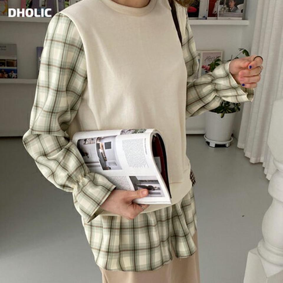 チェックコントラストTシャツ・全3色・b64915 レディース 【tops】【韓国 ファッション トップス Tシャツ 長袖 ラウンドネック チェック コントラスト ルーズ ゆったり 上品 体型カーバー デイリー ベーシック 春 春Tシャツ 秋 冬】