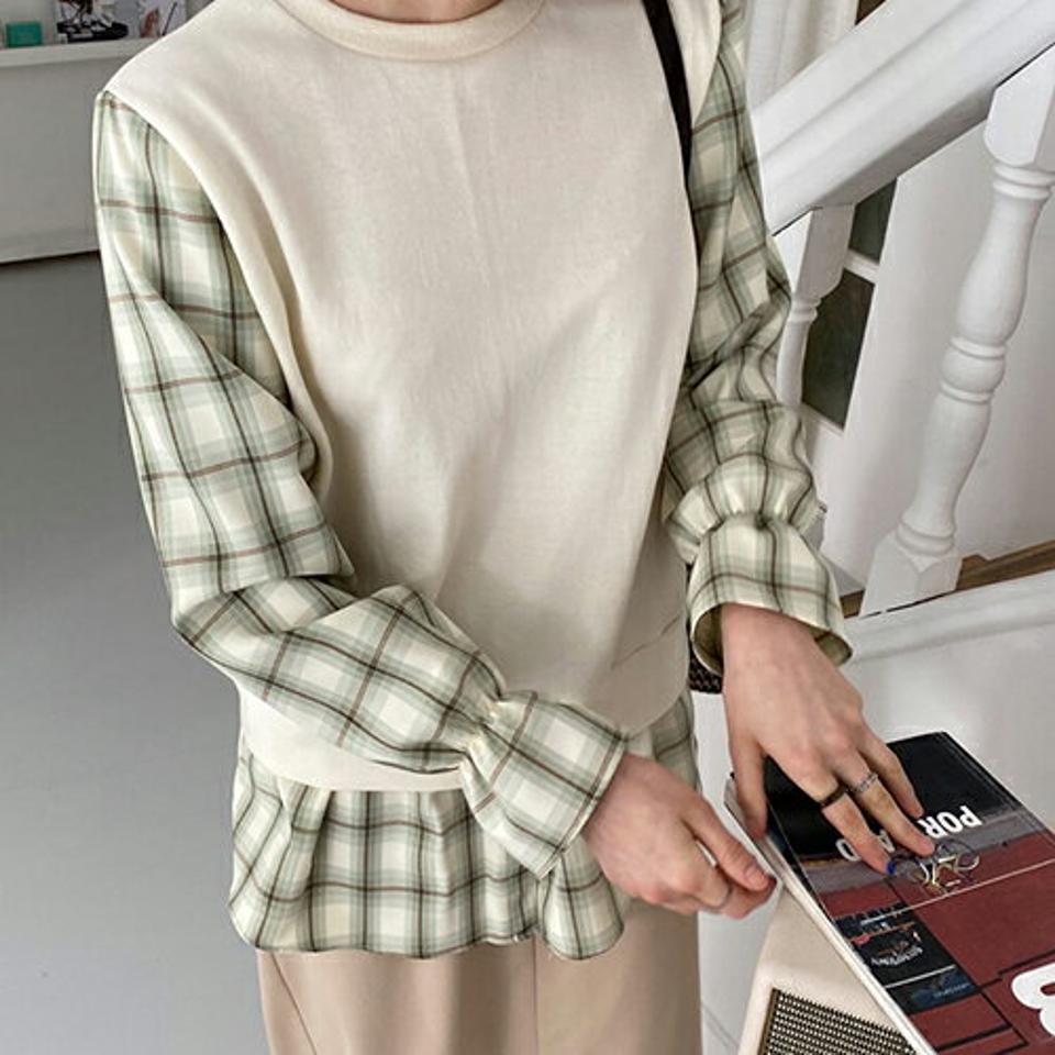 チェックコントラストTシャツ・全3色・b64915 レディース 【tops】【韓国 ファッション トップス Tシャツ 長袖 ラウンドネック チェック コントラスト ルーズ ゆったり 上品 体型カーバー デイリー ベーシック 春 春Tシャツ 秋 冬】