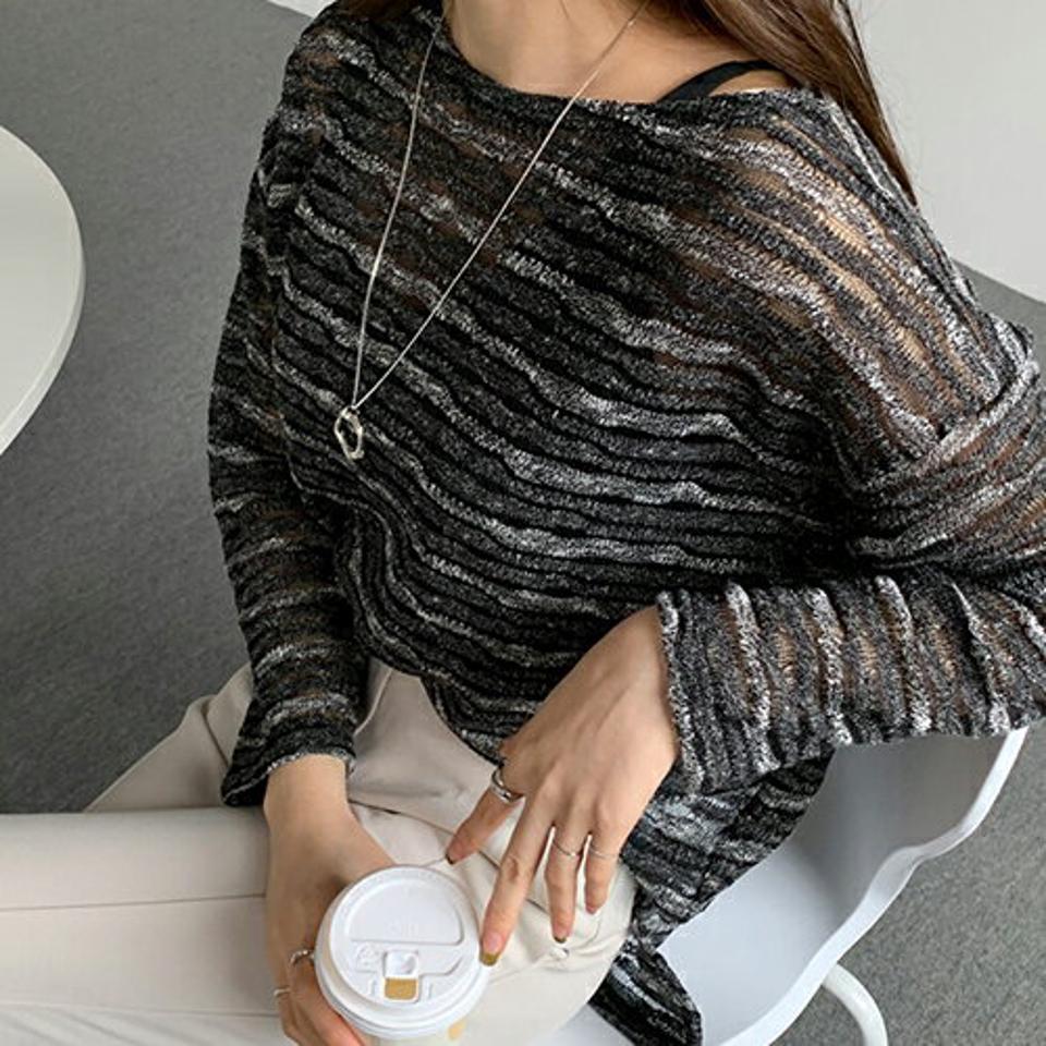 シアーアンバランスヘムTシャツ・全3色・t66773 レディース 【tops】【トップス Tシャツ 長袖 アンバランス シアー 透け感 ボートネック シースルー ウェーブ 総柄 おしゃれ 秋 冬 韓国 ファッション】【ハイホリHIHOLLI】