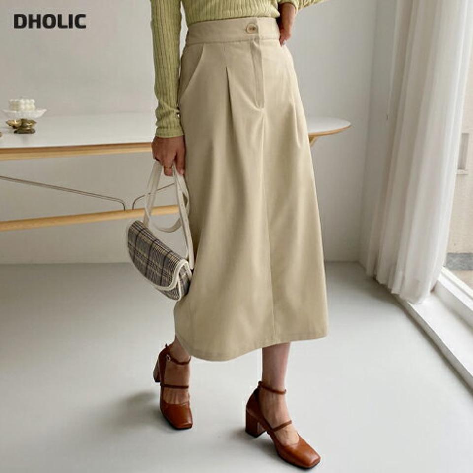 ボタンタックスカート・全3色・b64911 レディース 【sk】【韓国 ファッション ボトムス スカート ロング ロングスカート タック ボリューム 大人 Hライン サイドポケット バックゴム カジュアル 体型カバー シンプル フェミニン ベーシック 上品 秋 冬】