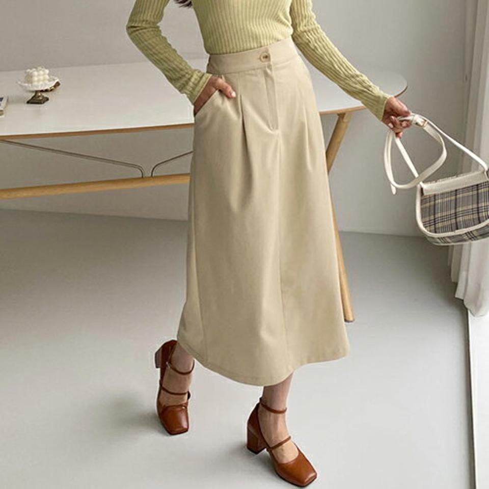 ボタンタックスカート・全3色・b64911 レディース 【sk】【韓国 ファッション ボトムス スカート ロング ロングスカート タック ボリューム 大人 Hライン サイドポケット バックゴム カジュアル 体型カバー シンプル フェミニン ベーシック 上品 秋 冬】
