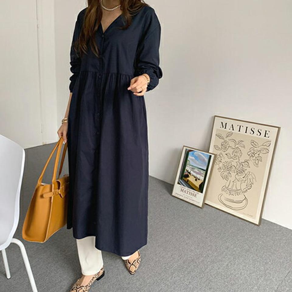 Vネックボタンワンピース・全2色・t66851 レディース 【ops】【ワンピース ロング ロングワンピース 長袖 Vネック 単色 無地 シンプル カジュアル 秋 冬 韓国 ファッション】【ハイホリHIHOLLI】