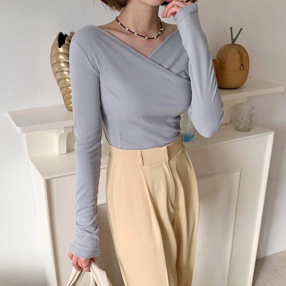 クロスネックリブTシャツ・全5色・t64908 レディース 【tops】【韓国 ファッション トップス Tシャツ 長袖 スリム リブTシャツ クロス Vネック シンプル フィット 上品 体型カーバー デイリー ベーシック 秋 冬】