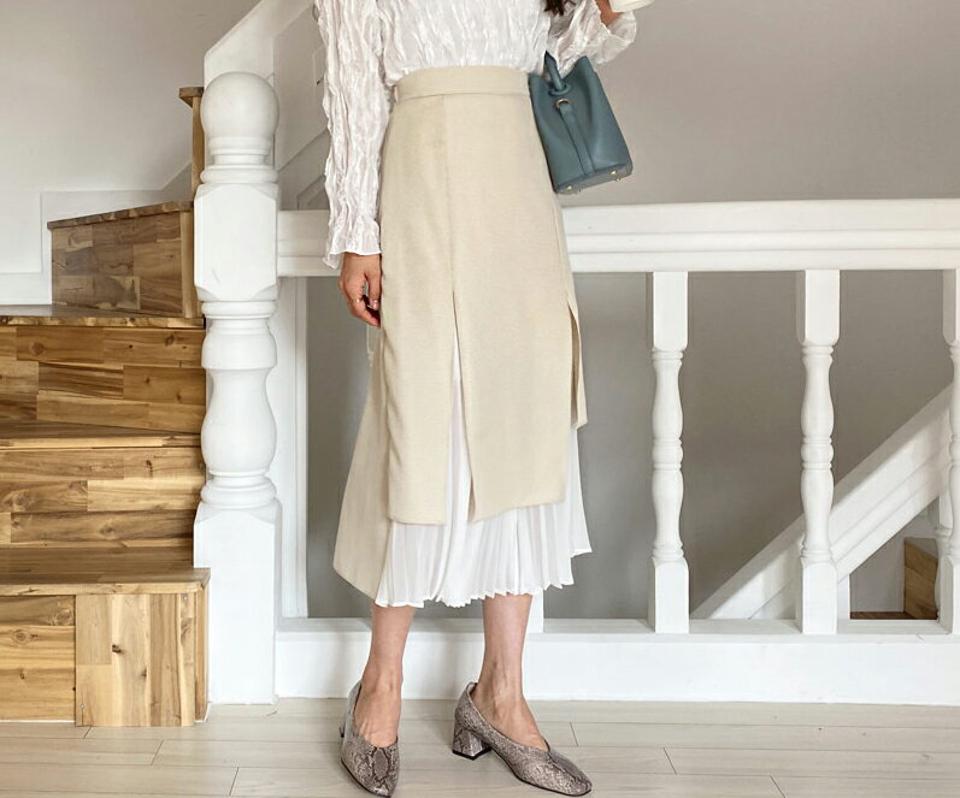 プリーツ配色チェックスカート・全2色・t64905 レディース 【sk】【韓国 ファッション ボトムス スカート ロング ロングスカート プリーツ コントラスト 揺れ感 スリット ハウンドトゥース　カジュアル 体型カバー シンプル フェミニン 上品 秋 冬】