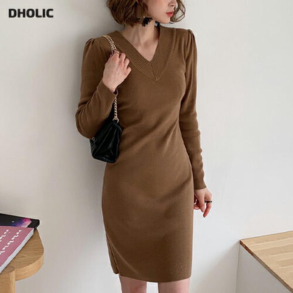 Vネックパフニットワンピース・全4色・t64928 レディース 【ops】【韓国 ファッション ワンピース ミディ ミディワンピース シンプル ニットワンピース Vネック パフスリーブ Hライン フェミニン 無地 上品 ゆったり 春 体型カバー 秋 冬】