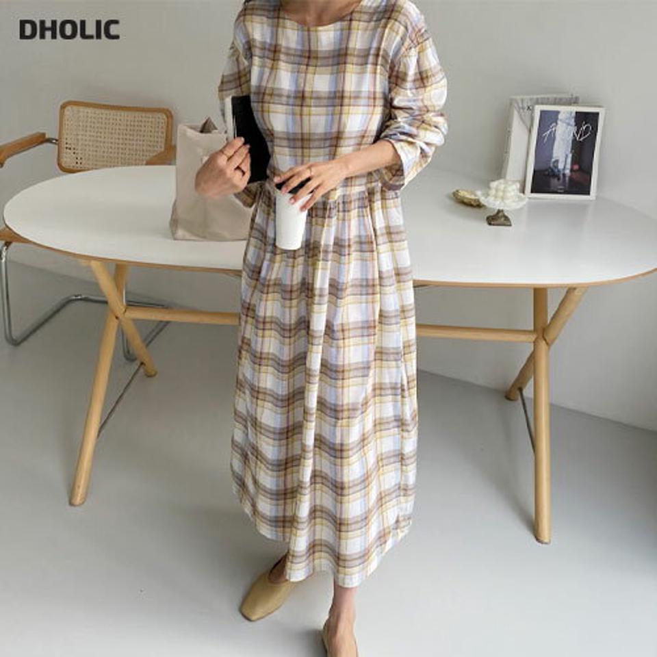 チェックパフワンピース・全3色・b64936 レディース 【ops】【韓国 ファッション ワンピース ロング ロングワンピース チェック ボリューム ギャザー フレア フェミニン 上品 ゆったり 春 体型カバー 秋 冬】