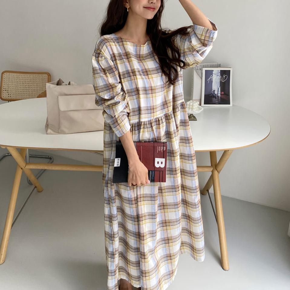 チェックパフワンピース・全3色・b64936 レディース 【ops】【韓国 ファッション ワンピース ロング ロングワンピース チェック ボリューム ギャザー フレア フェミニン 上品 ゆったり 春 体型カバー 秋 冬】