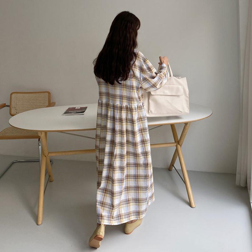チェックパフワンピース・全3色・b64936 レディース 【ops】【韓国 ファッション ワンピース ロング ロングワンピース チェック ボリューム ギャザー フレア フェミニン 上品 ゆったり 春 体型カバー 秋 冬】