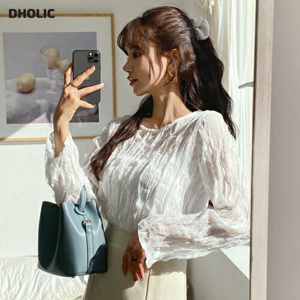 ウェーブレースブラウス・全3色・t64902 レディース 【bl】【韓国 ファッション トップス ブラウス 長袖 上品 フェミニン ラウンドネック ウェーブ ディテール レース シアー 春 カジュアル デイリー 無地 ベーシック 秋 冬】