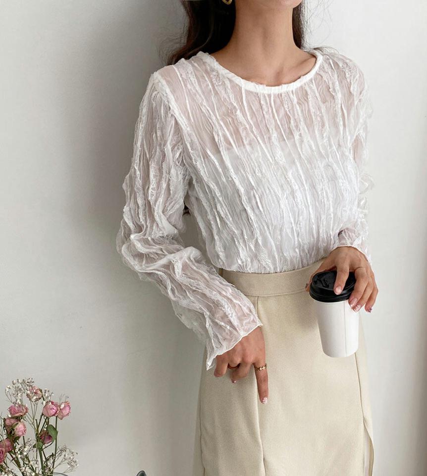 ウェーブレースブラウス・全3色・t64902 レディース 【bl】【韓国 ファッション トップス ブラウス 長袖 上品 フェミニン ラウンドネック ウェーブ ディテール レース シアー 春 カジュアル デイリー 無地 ベーシック 秋 冬】