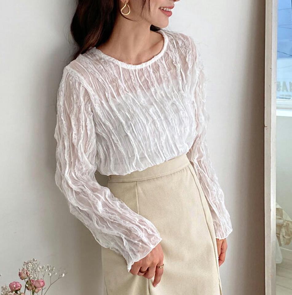 ウェーブレースブラウス・全3色・t64902 レディース 【bl】【韓国 ファッション トップス ブラウス 長袖 上品 フェミニン ラウンドネック ウェーブ ディテール レース シアー 春 カジュアル デイリー 無地 ベーシック 秋 冬】