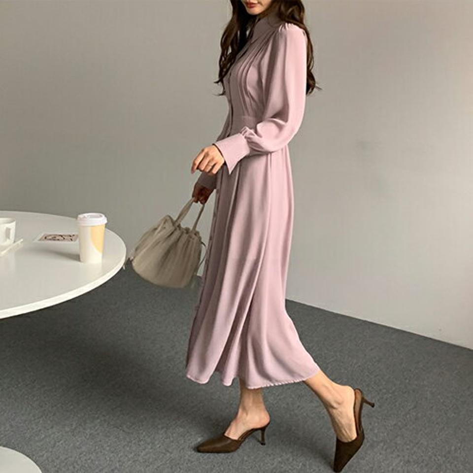 ピンタックカラーワンピース・全3色・b66788 レディース 【ops】【ワンピース ロング ロングワンピース 長袖 ピンタック 単色 無地 シンプル フェミニン 秋 冬 韓国 ファッション】【ハイホリHIHOLLI】